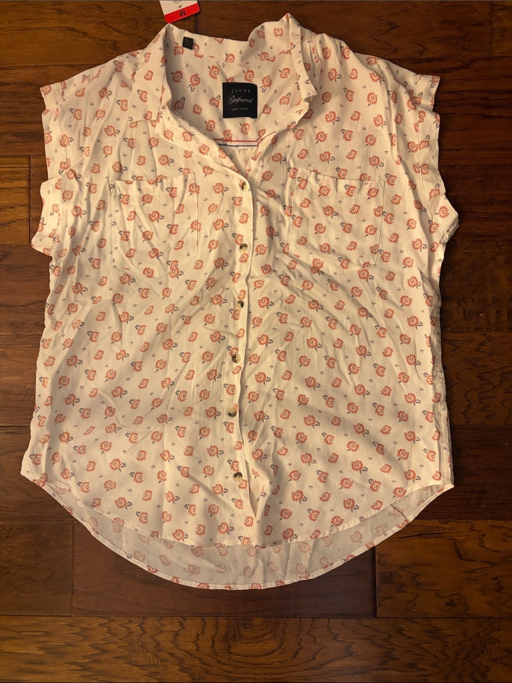 JACHS Girlfriend Cream Button-Down Blouse with Pink Floral Print